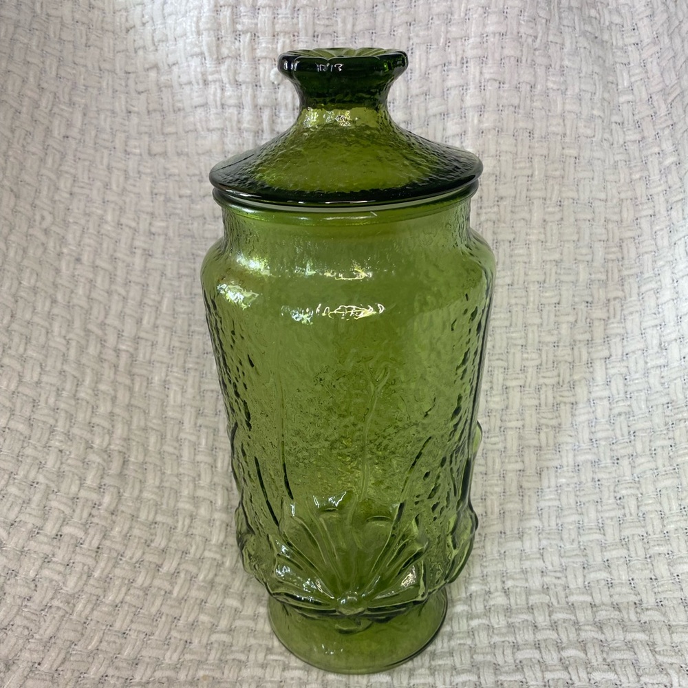 1970s Anchor Hocking Avocado Green Glass Daisy Rainflower Tall Kitchen Canister